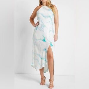 Express Halter Slip Dress in Blue and Green Marble